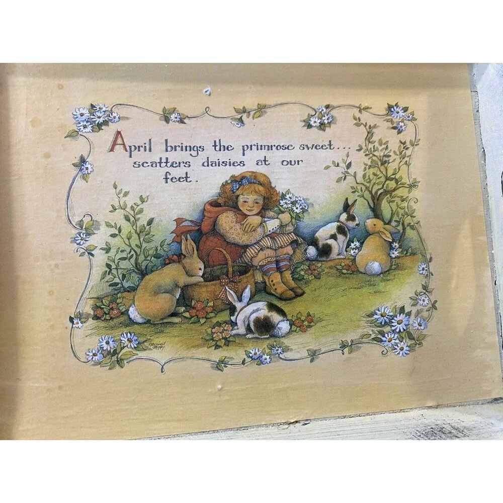 VTG Small Distressed Wooden Tray With Decoupage Image “April Brings The Primrose